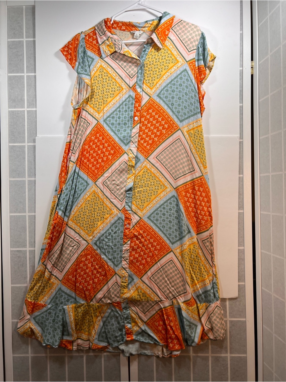 Cato Sleeveless Maxi Shirt Dress in Orange, Yellow & Blue Patchprint